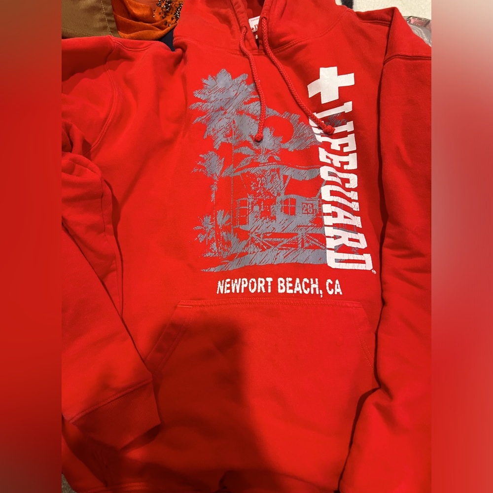 Lifeguard Drawstring Hoodie from Newport Beach CA, red, Size Large